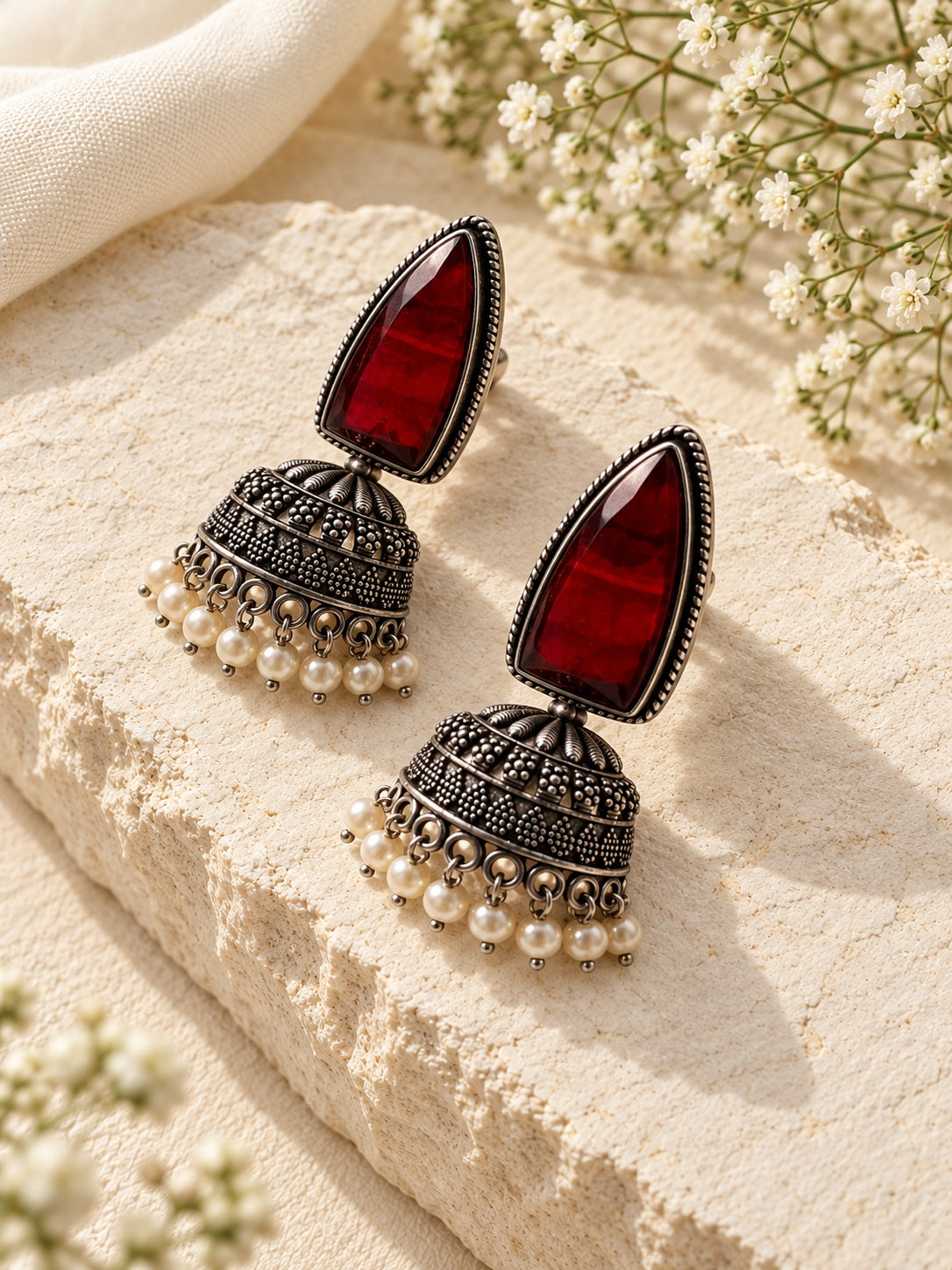 Niska ruby red Monalisa Stone Silver replica jhumka earrings