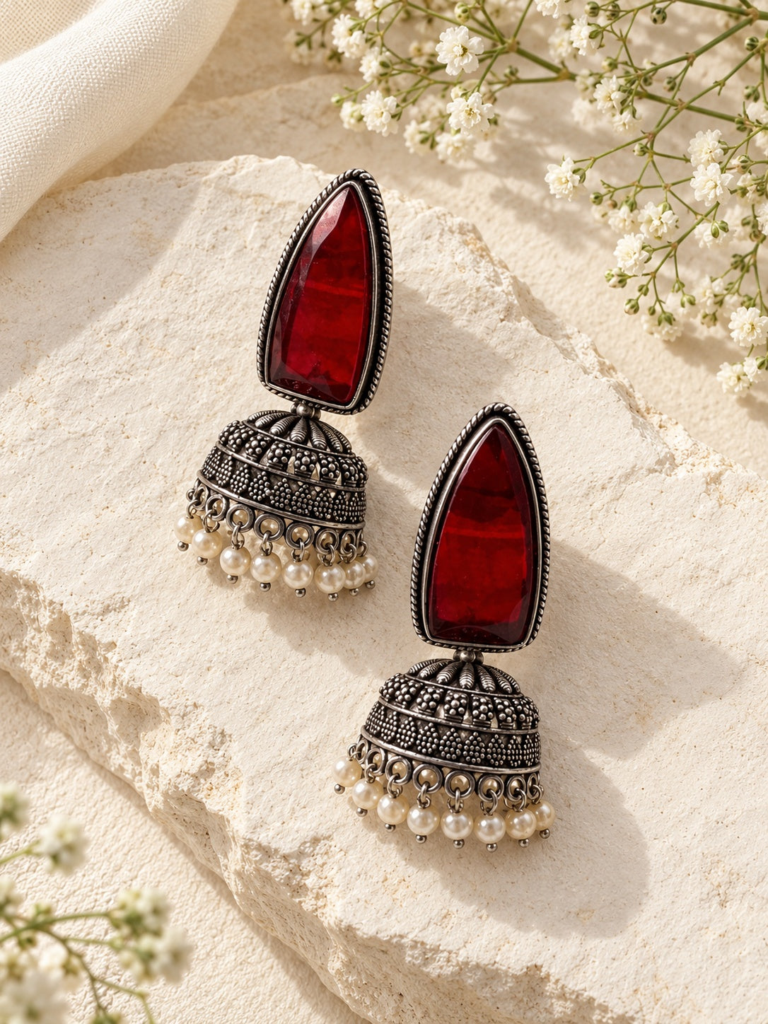 Niska ruby red Monalisa Stone Silver replica jhumka earrings