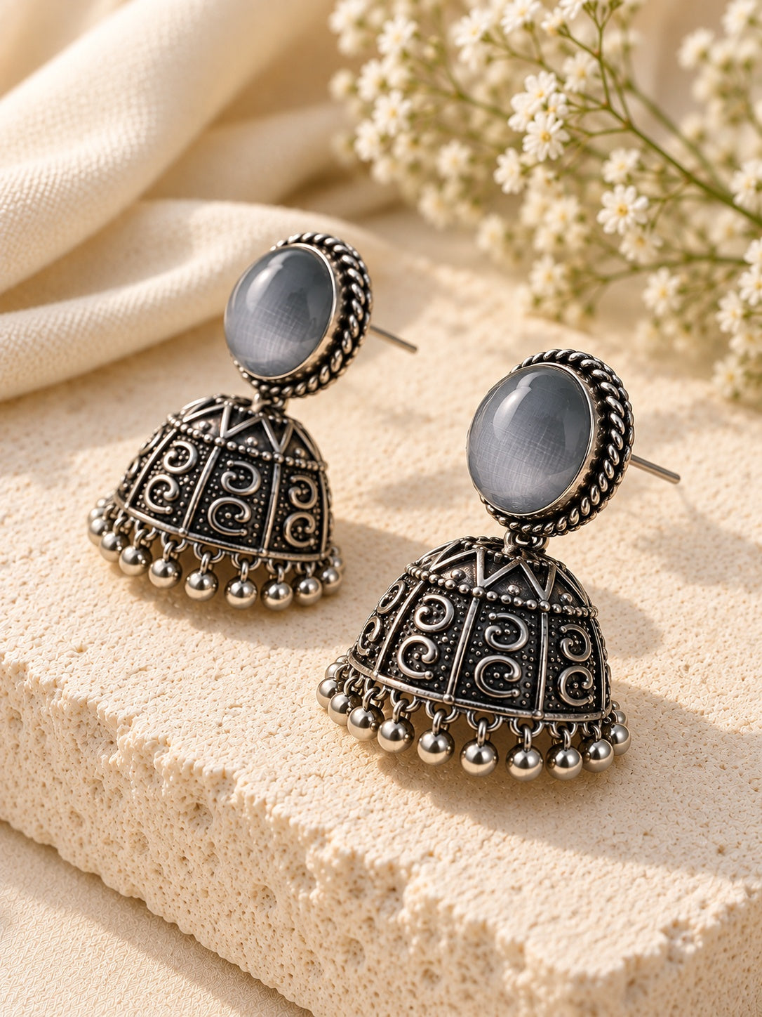 Niska Monalisa Stone Silver replica jhumka earrings ER26N10390 view 6