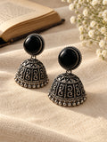 Black Monalisa Stone Silver replica jhumka earrings editorial view 3