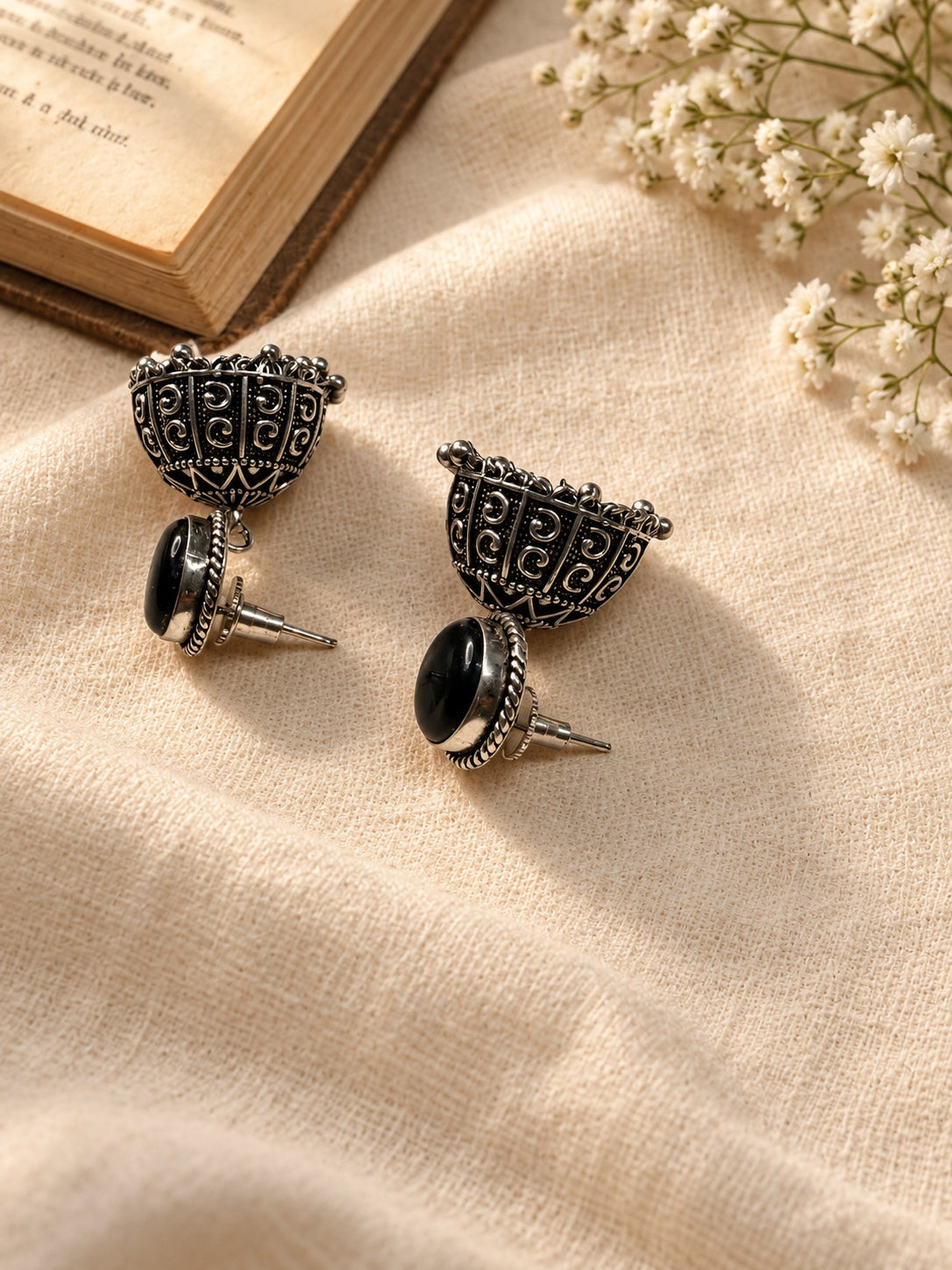 Black Monalisa Stone Silver replica jhumka earrings side view with stud posts