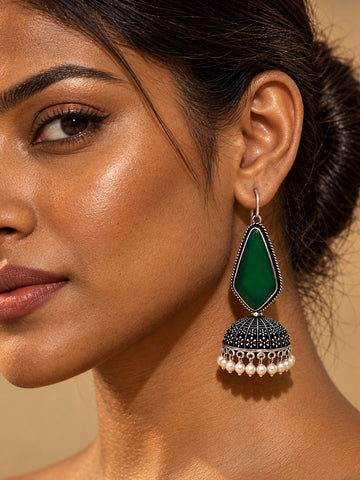 Green Monalisa Stone Silver replica jhumka earring model close-up
