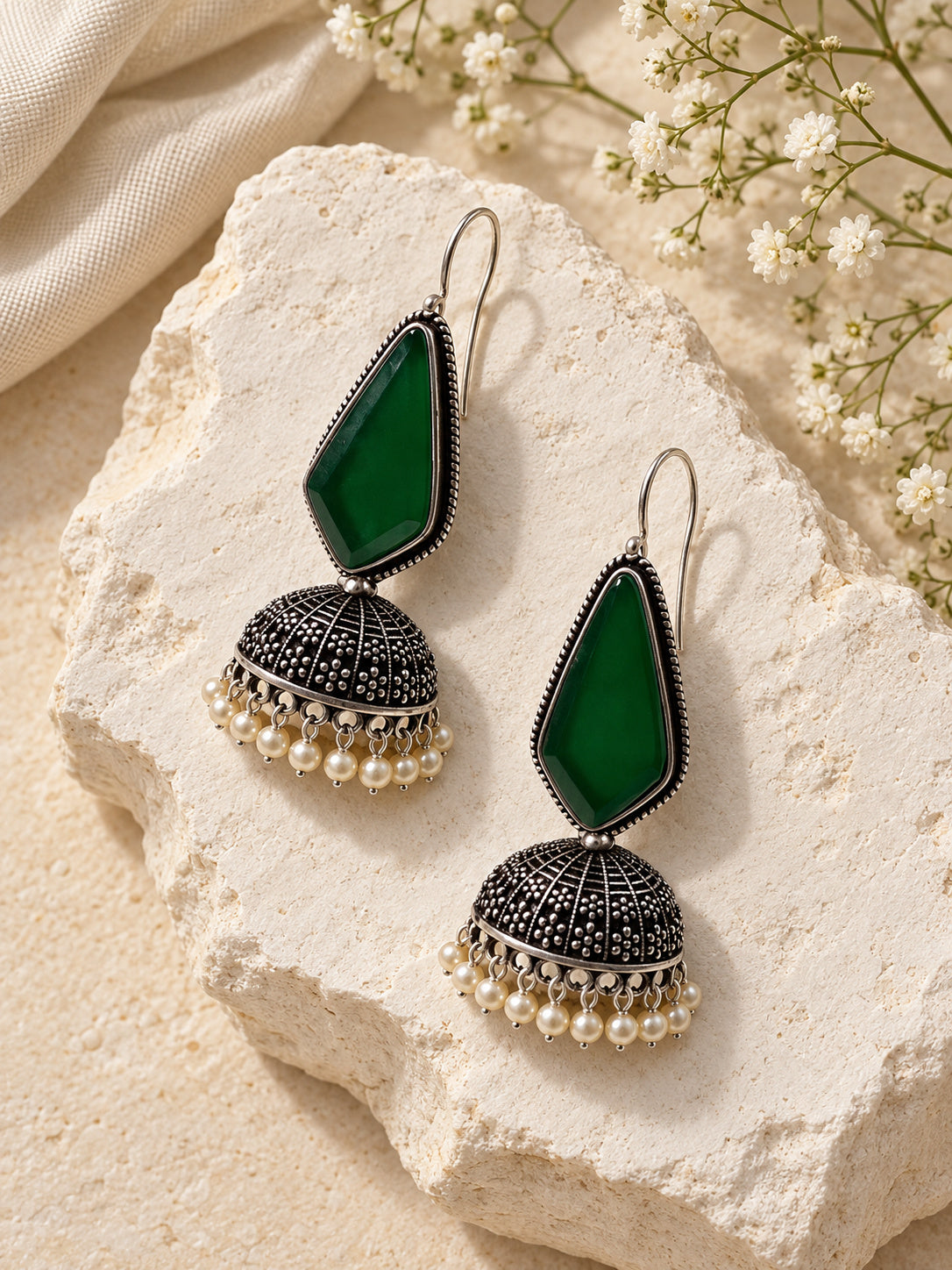 Green Monalisa Stone Silver replica jhumka earrings editorial view 1