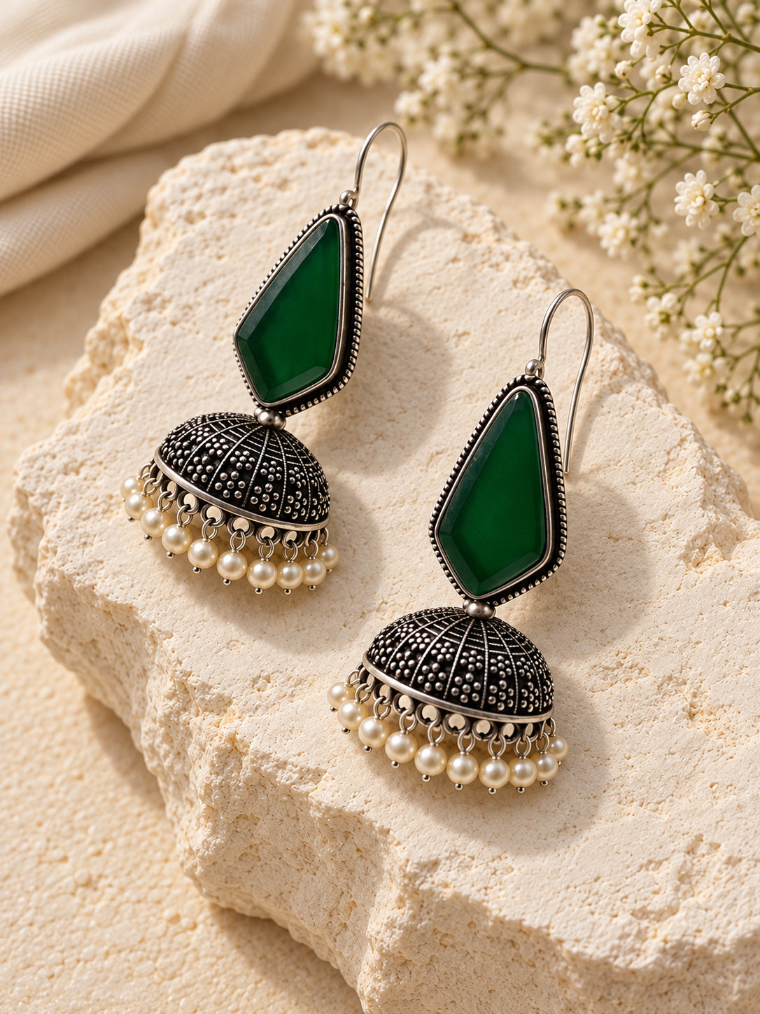 Green Monalisa Stone Silver replica jhumka earrings editorial view 2