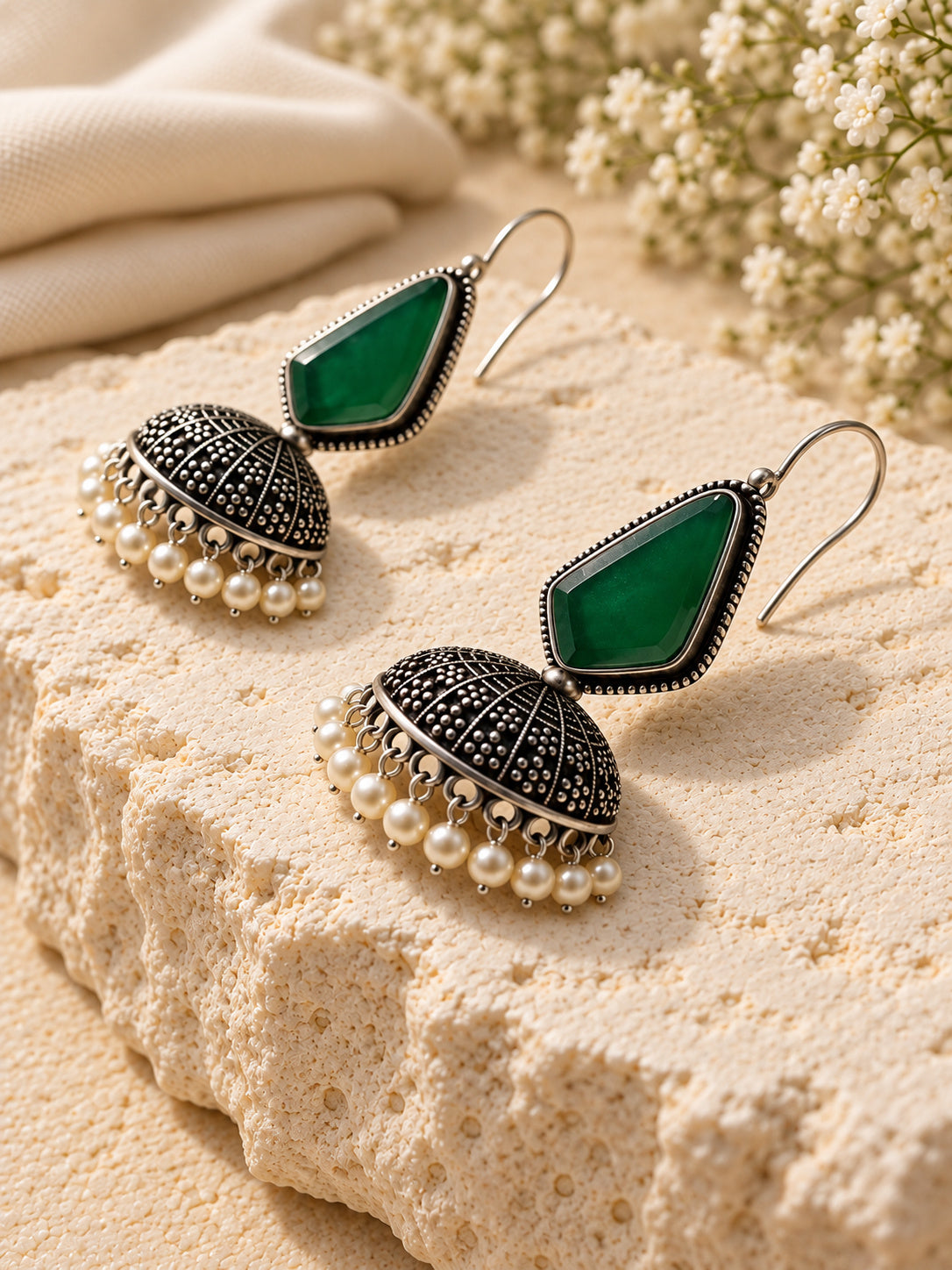 Green Monalisa Stone Silver replica jhumka earrings editorial view 3
