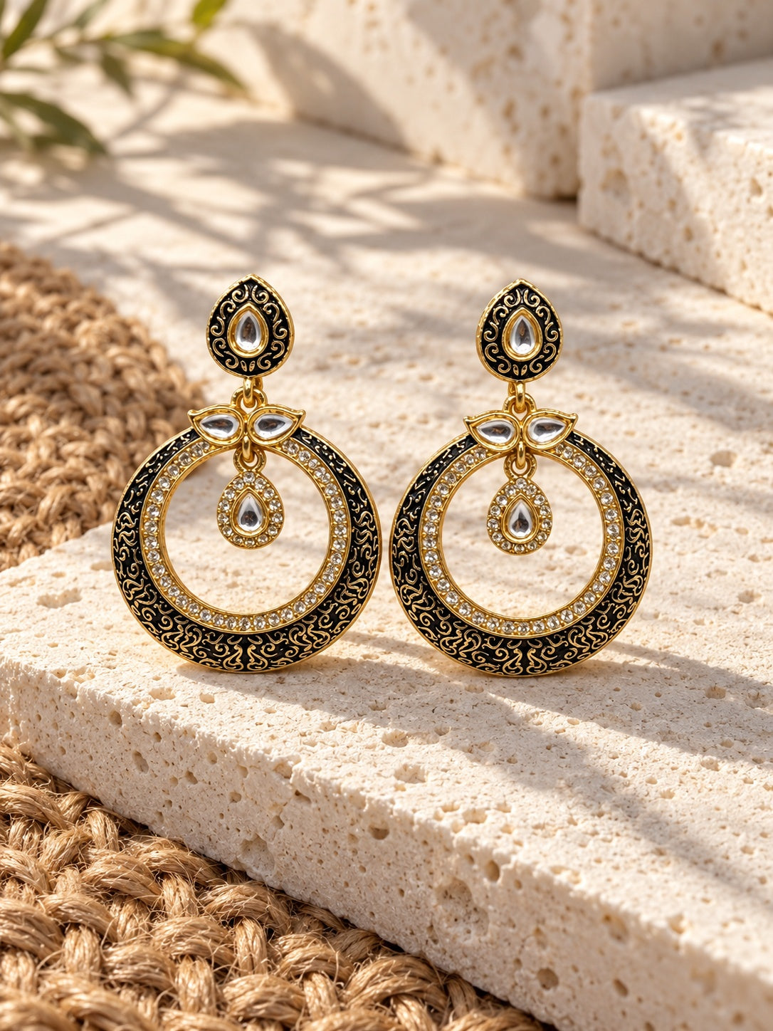 Niska black and gold Silver Replica AD Stone chandbali earrings view 1