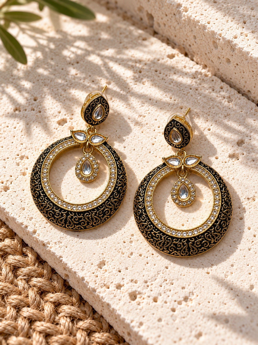 Niska black and gold Silver Replica AD Stone chandbali earrings view 3