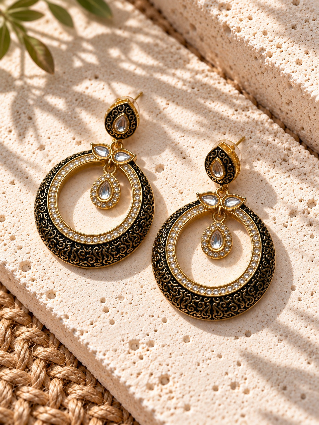 Niska black and gold Silver Replica AD Stone chandbali earrings view 4
