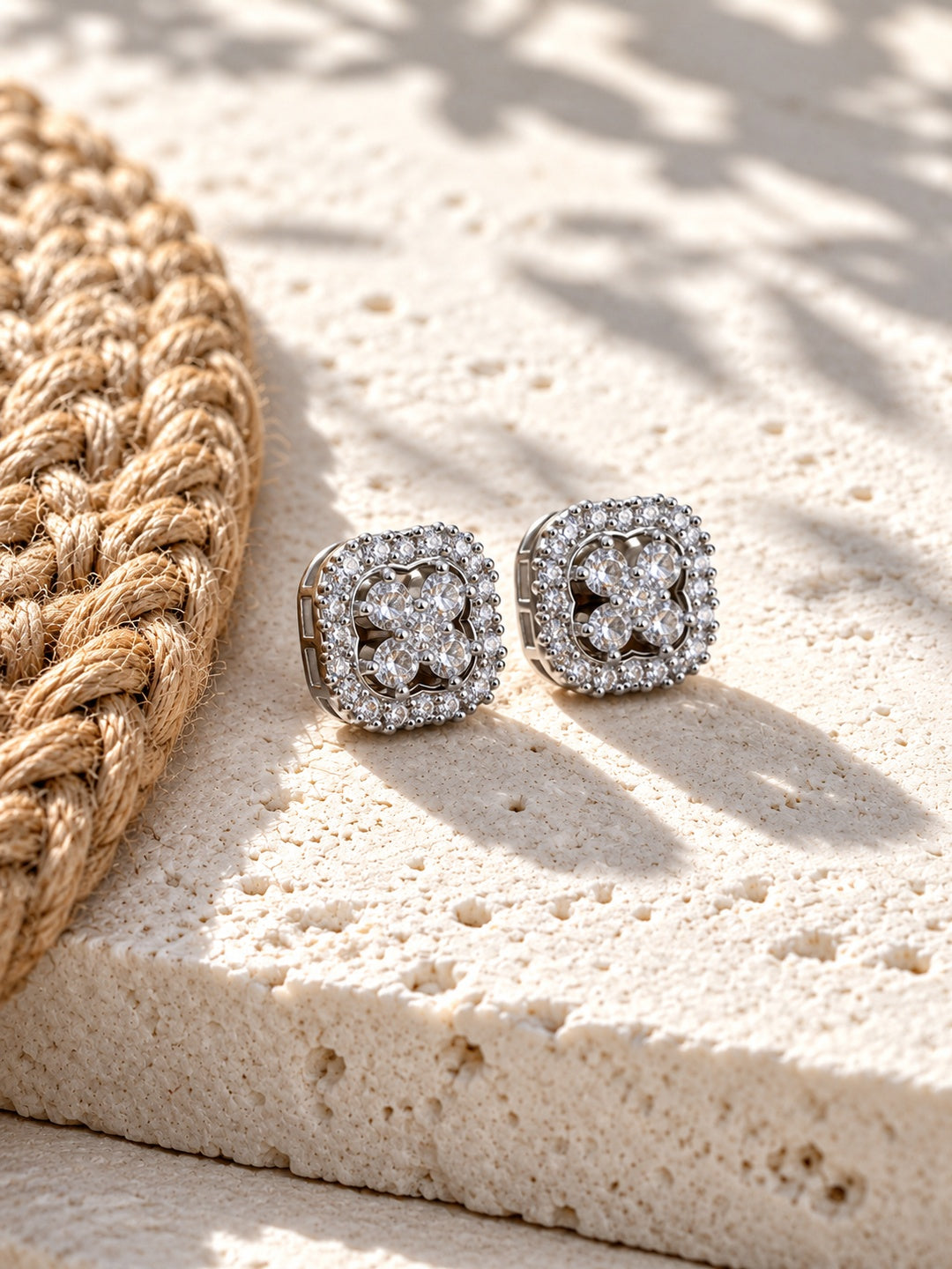 AD Stone Silver Replica floral stud earrings left angle