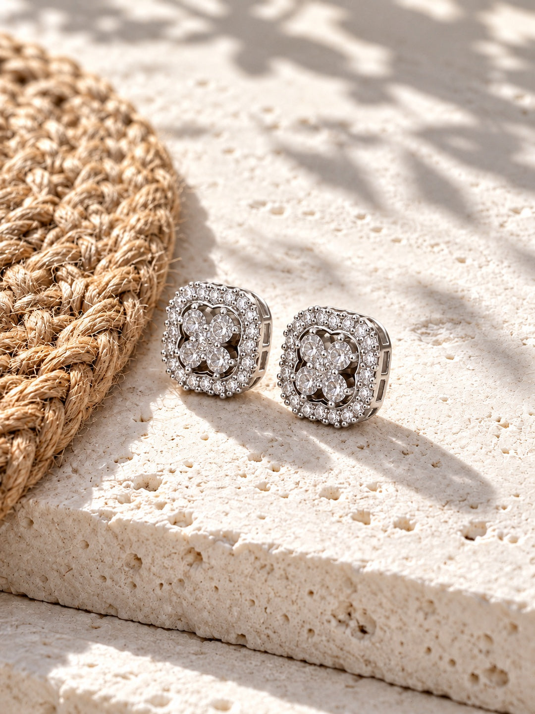 AD Stone Silver Replica floral stud earrings right angle