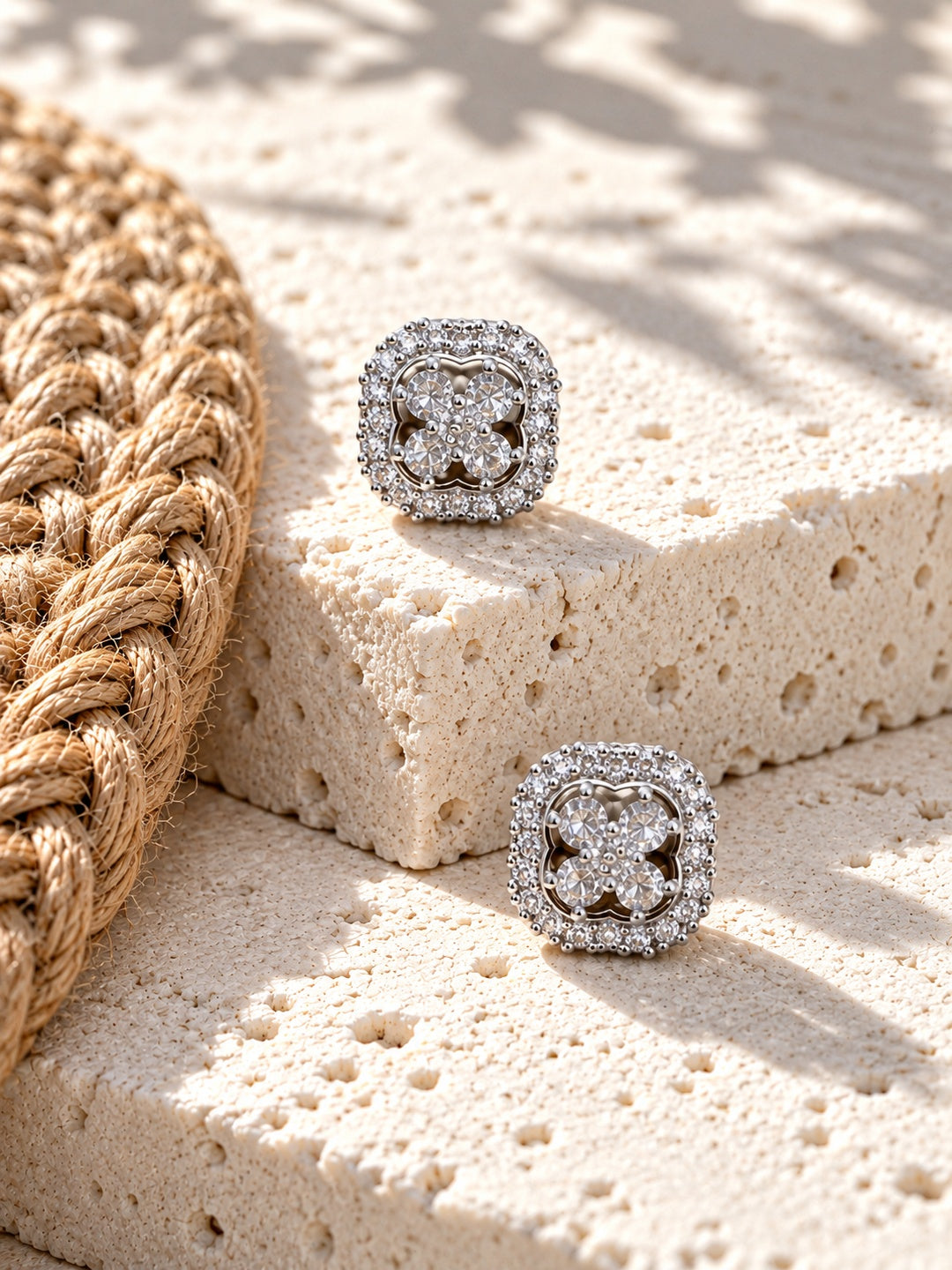 AD Stone Silver Replica floral stud earrings on stepped stone