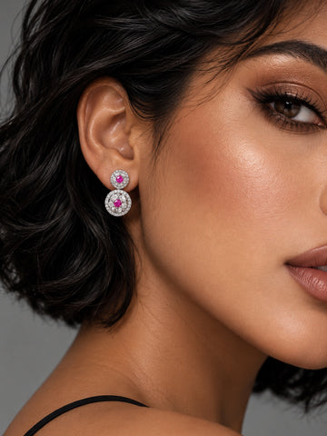 Niska AD Stone Silver replica pink floral drop earring worn by model