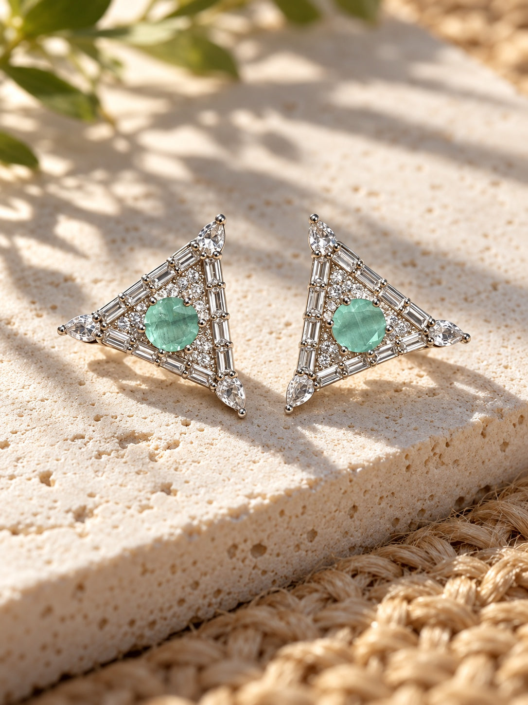 Niska triangular AD Stone earrings pair with jute decor