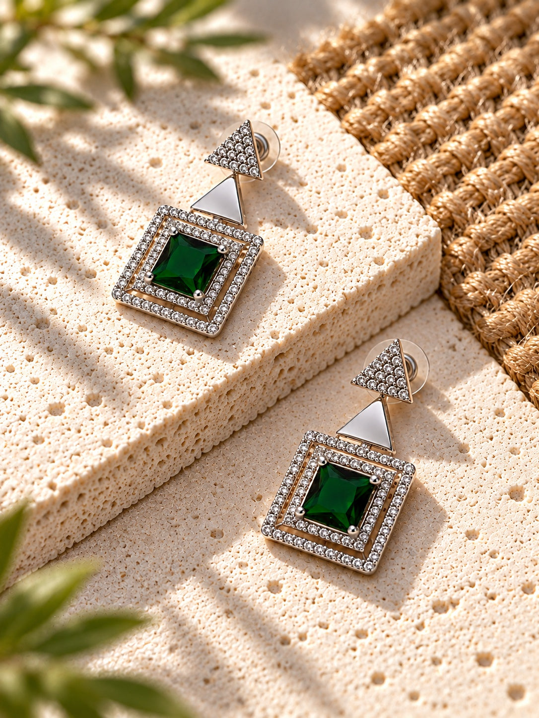 Niska green AD Stone Silver replica square drop earrings – product view 2