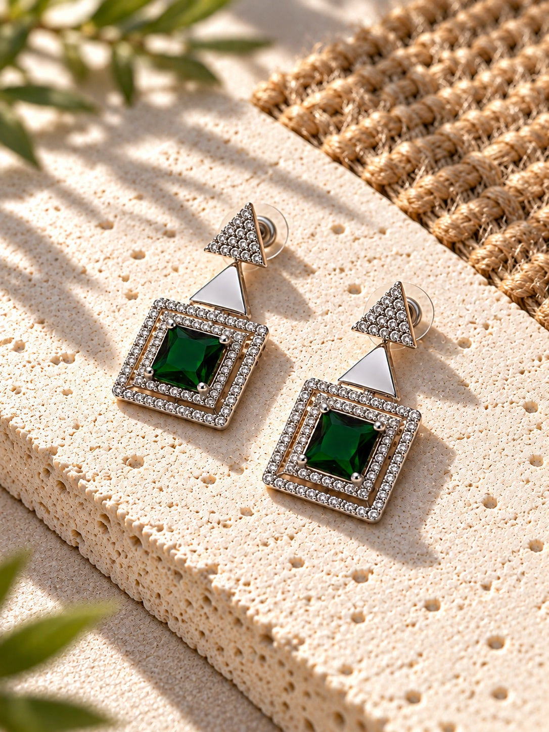 Niska green AD Stone Silver replica square drop earrings – product view 6