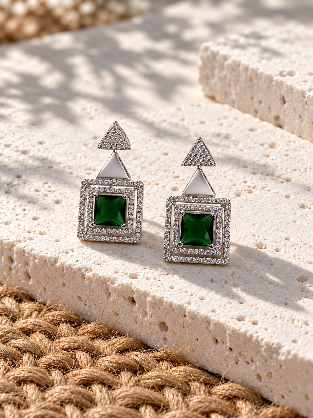 Niska green AD Stone Silver replica square drop earrings – product view 11
