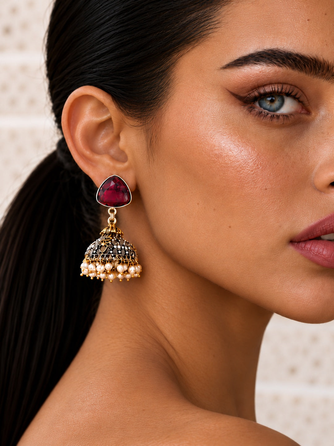 Niska burgundy AD Stone Silver replica jhumka earrings – model close-up