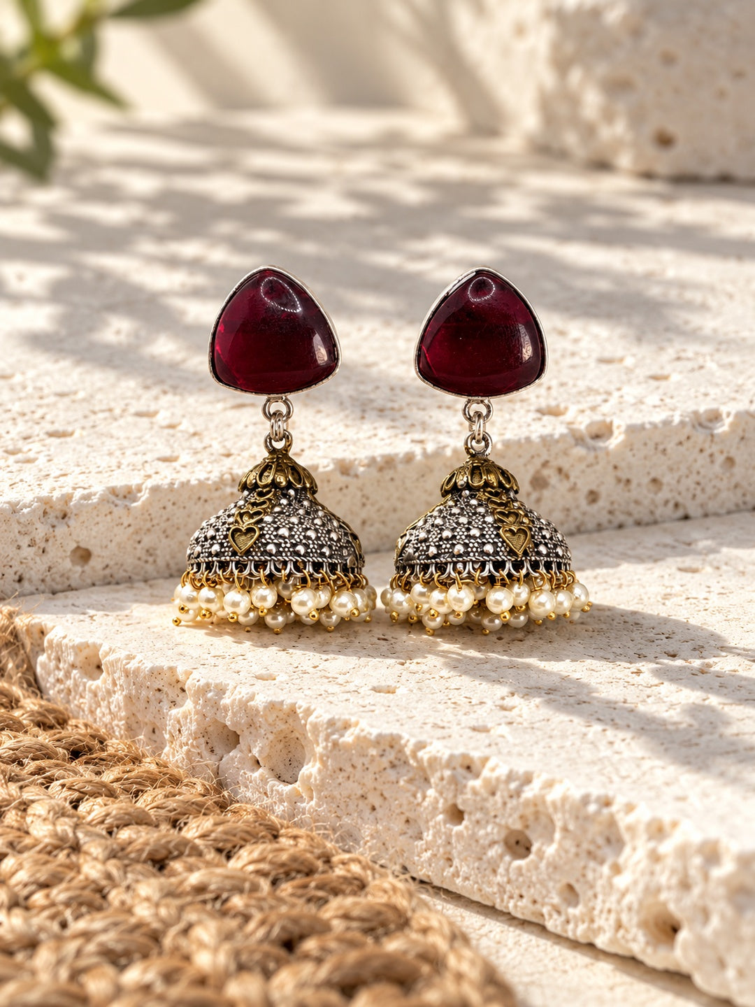 Niska burgundy AD Stone Silver replica jhumka earrings – view 2