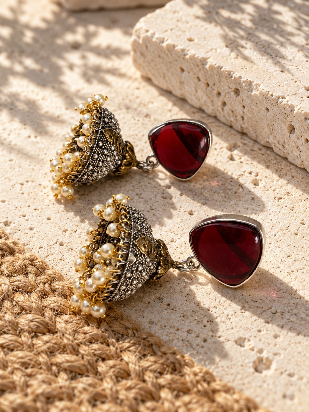 Niska burgundy AD Stone Silver replica jhumka earrings – view 10