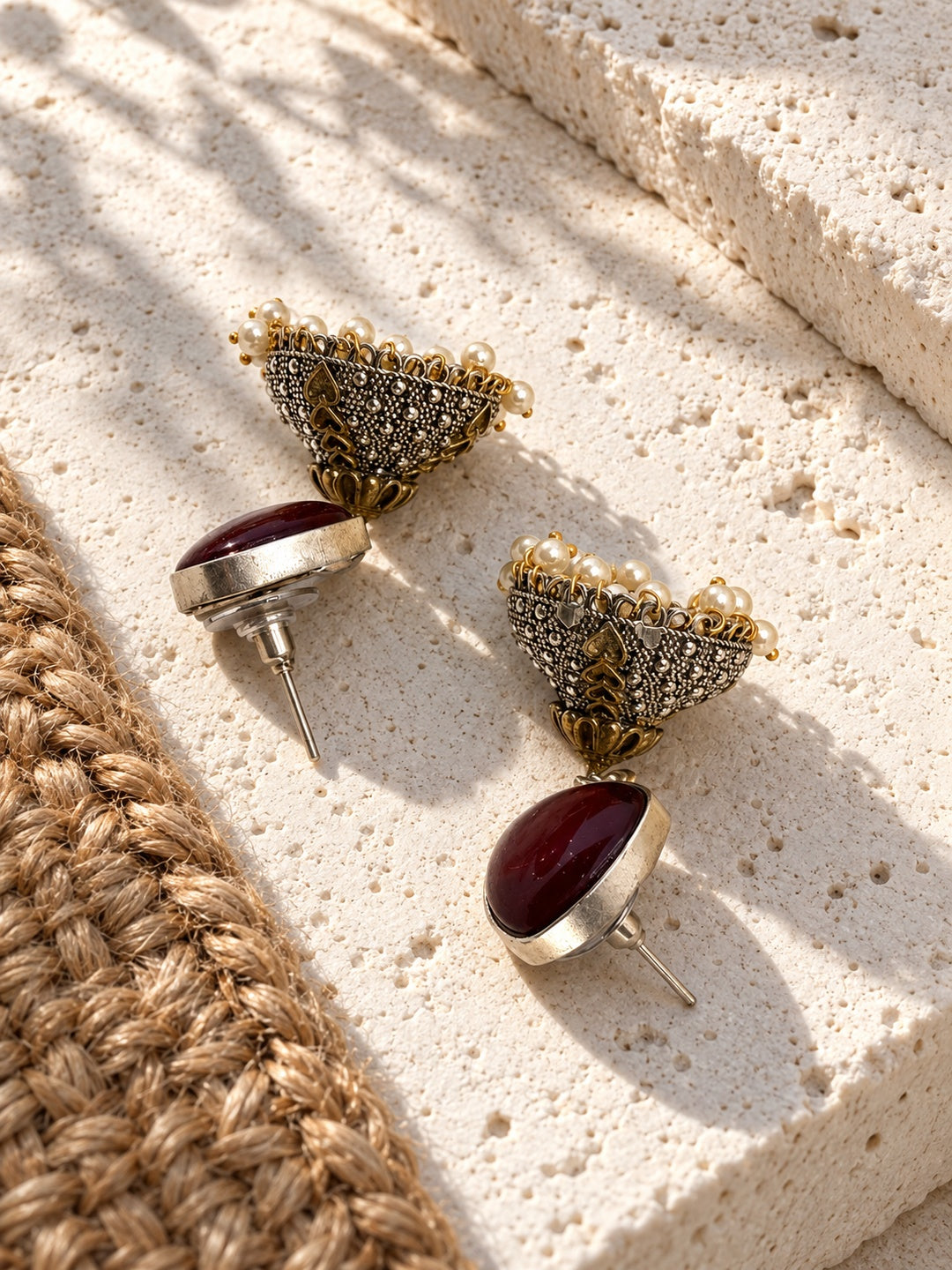 Niska burgundy AD Stone Silver replica jhumka earrings – view 13