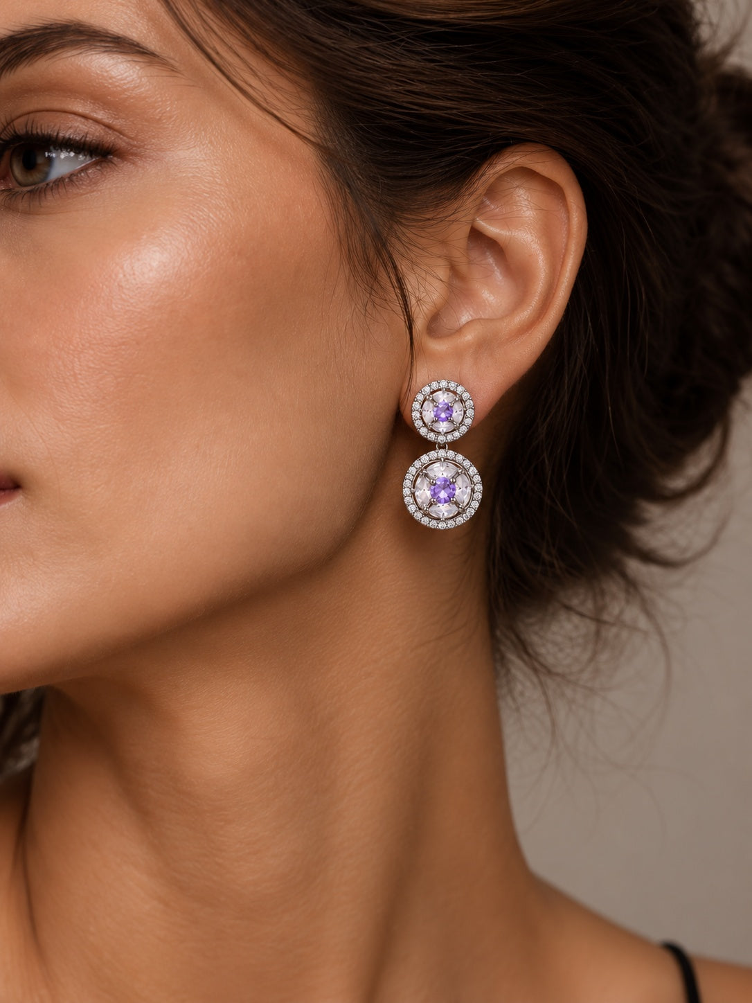 Lavender AD Stone Silver replica drop earring worn by model