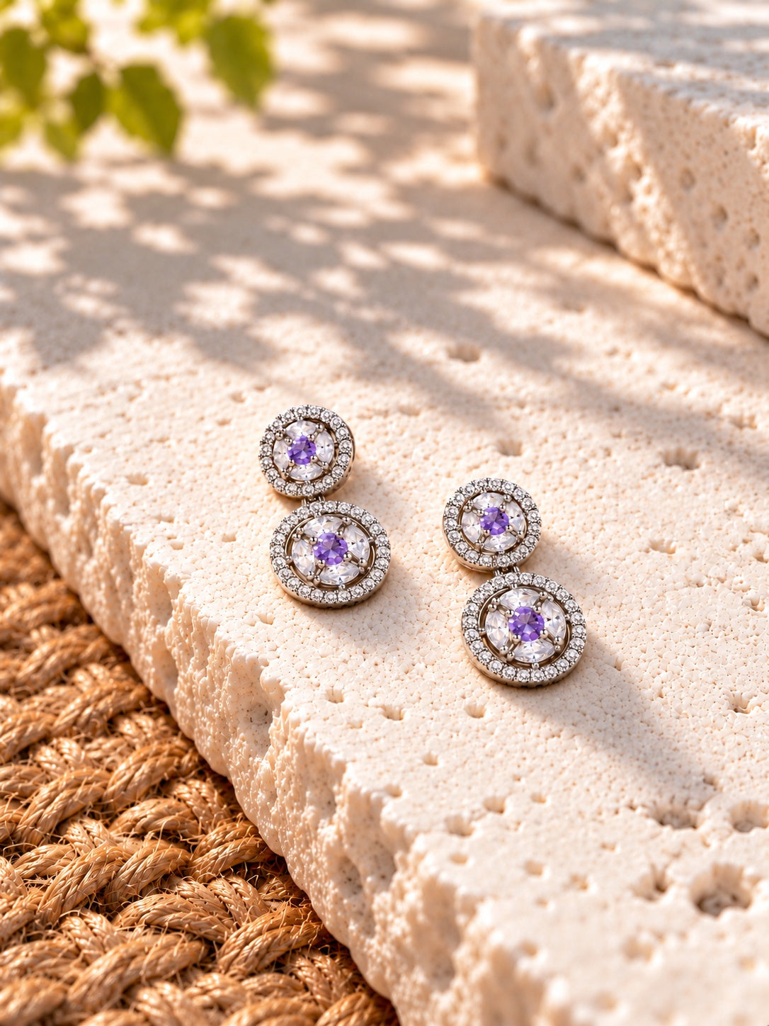 Lavender AD Stone Silver replica drop earring worn by model
