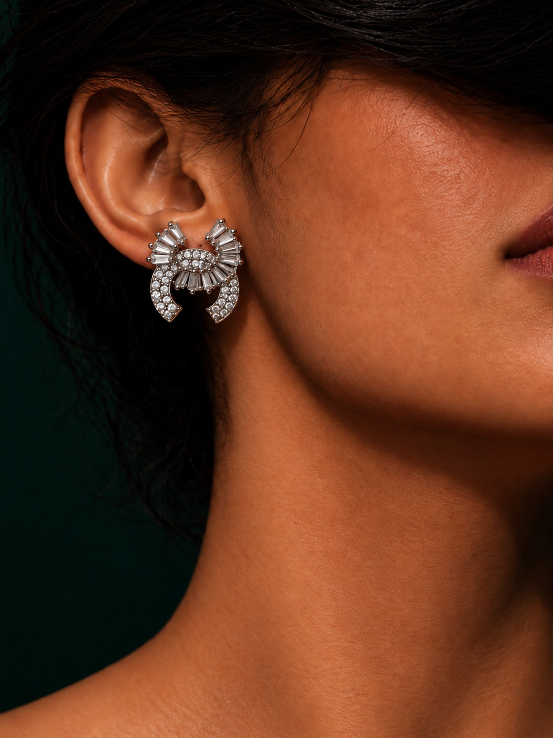 AD Stone Silver replica Fan Earrings with corrected central stud placement on model