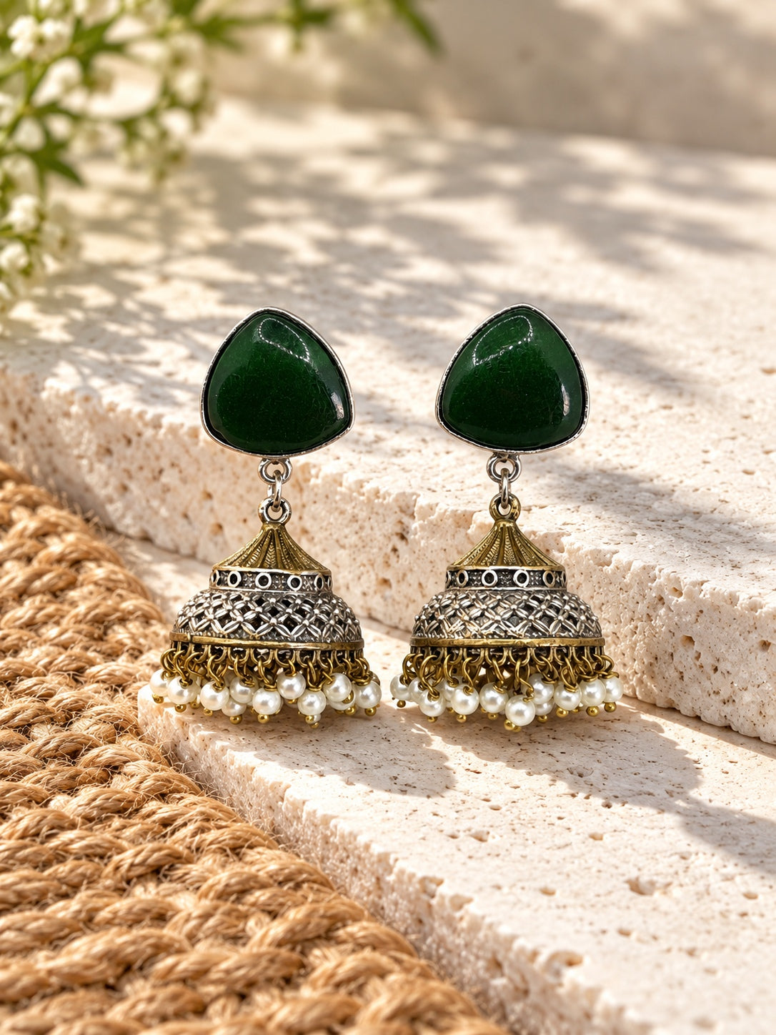 Niska green AD Stone Silver Replica jhumka earrings with pearl drops, view 2