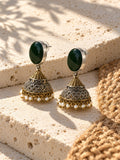 Niska green AD Stone Silver Replica jhumka earrings with pearl drops, view 3