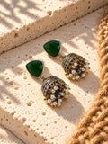Niska green AD Stone Silver Replica jhumka earrings with pearl drops, view 5