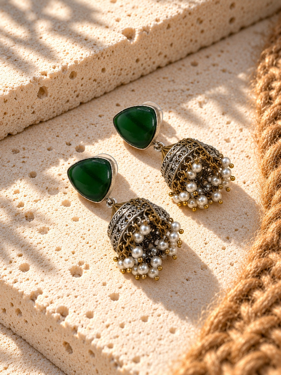Niska green AD Stone Silver Replica jhumka earrings with pearl drops, view 5