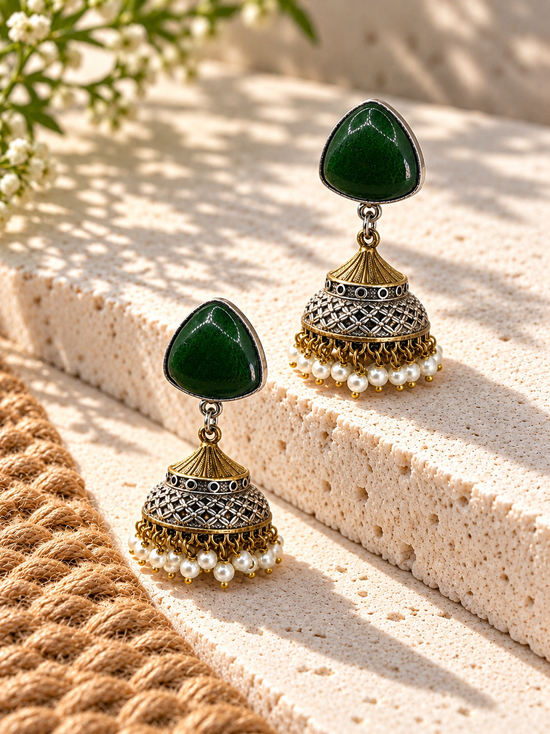Niska green AD Stone Silver Replica jhumka earrings with pearl drops, view 8