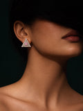Baby pink triangular Silver replica AD Stone earrings worn by model