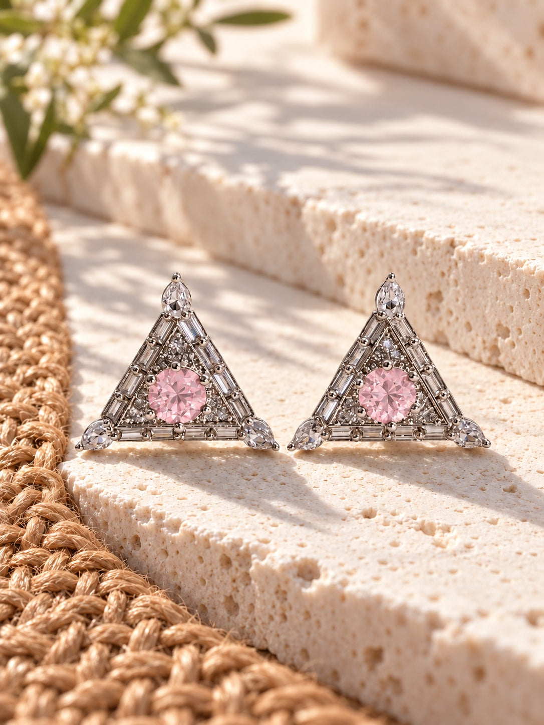 Baby pink triangular Silver replica AD Stone earrings