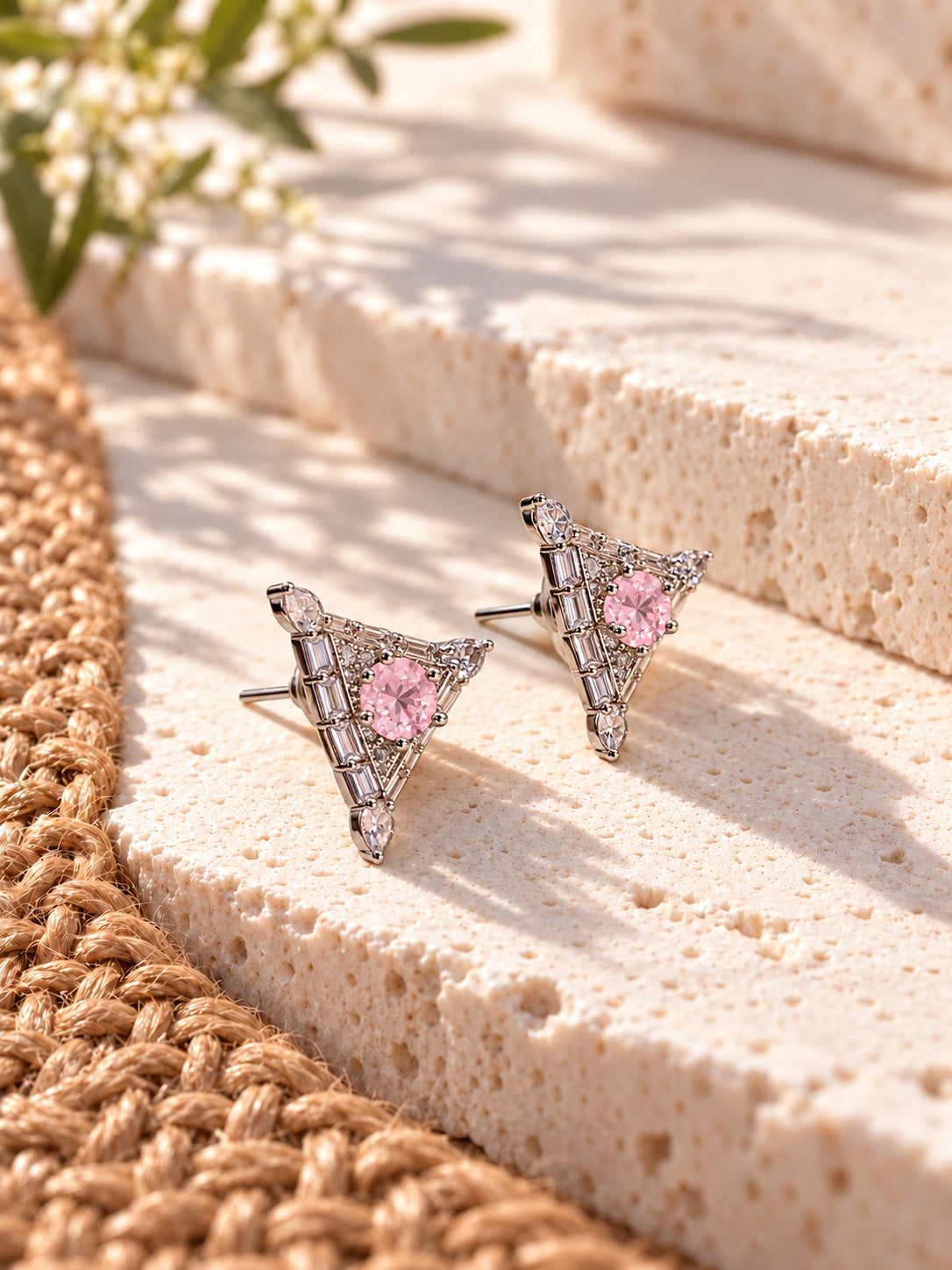 Baby pink triangular Silver replica AD Stone earrings