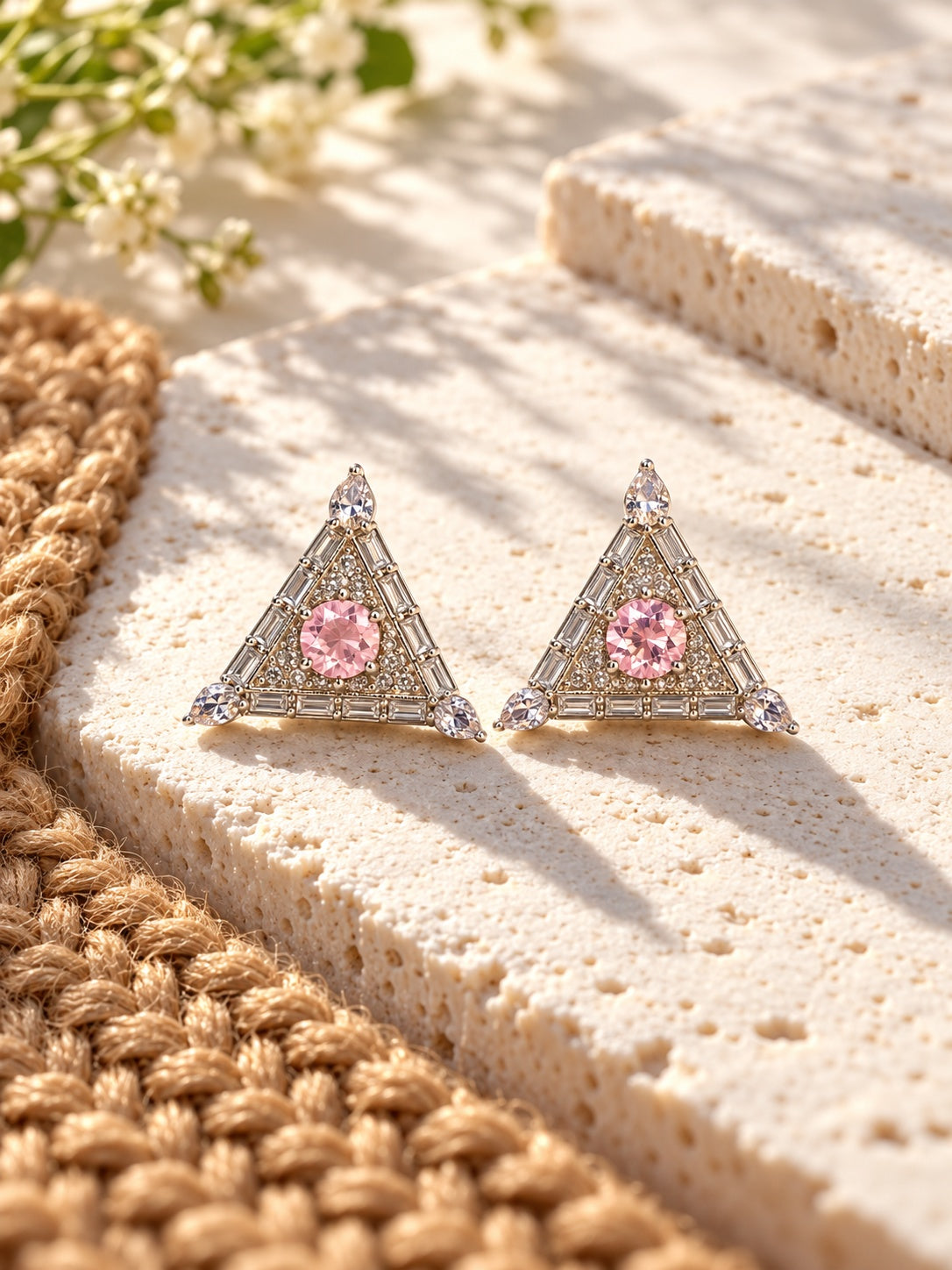 Baby pink triangular Silver replica AD Stone earrings