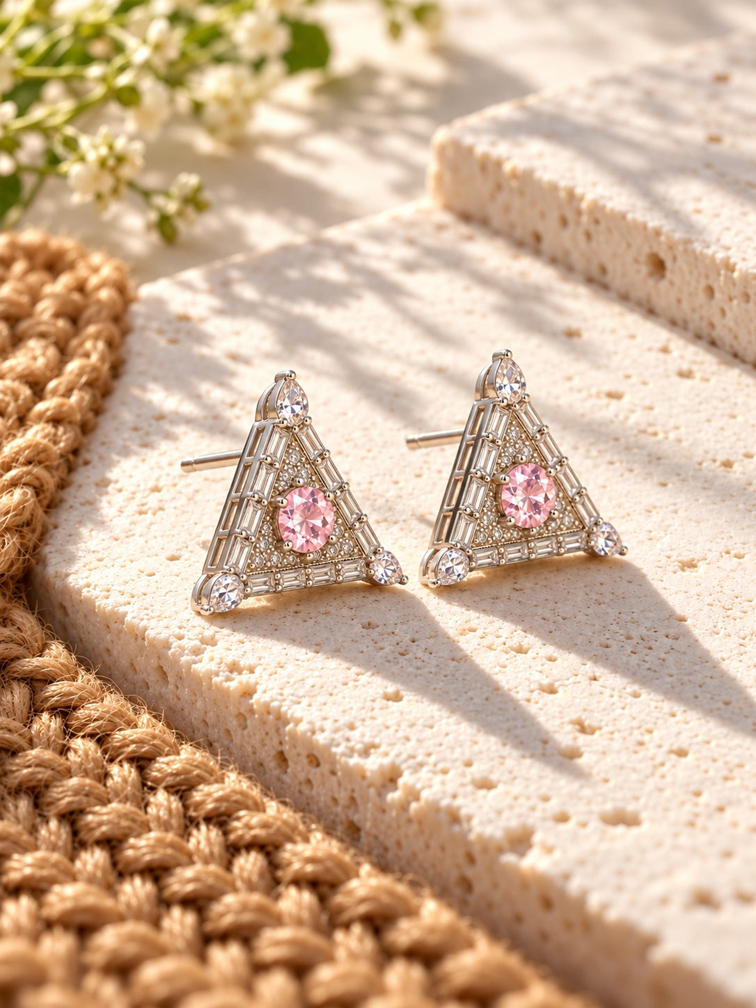 Baby pink triangular Silver replica AD Stone earrings
