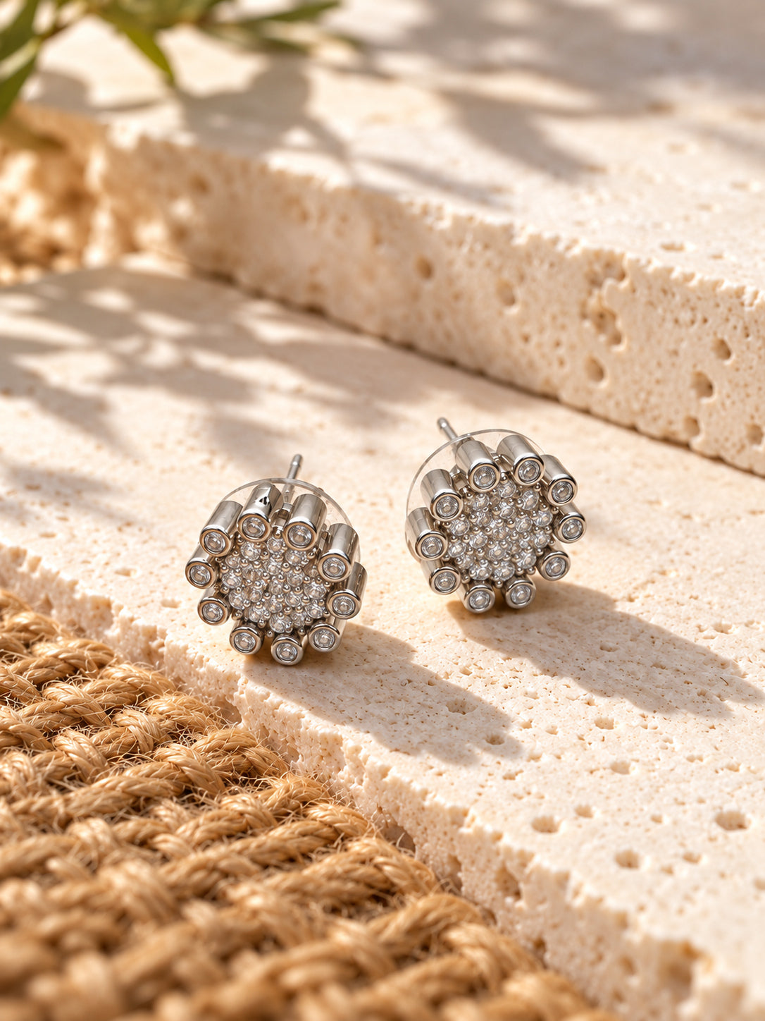 Niska AD Stone Silver Replica Floral Stud Earrings – angled silver