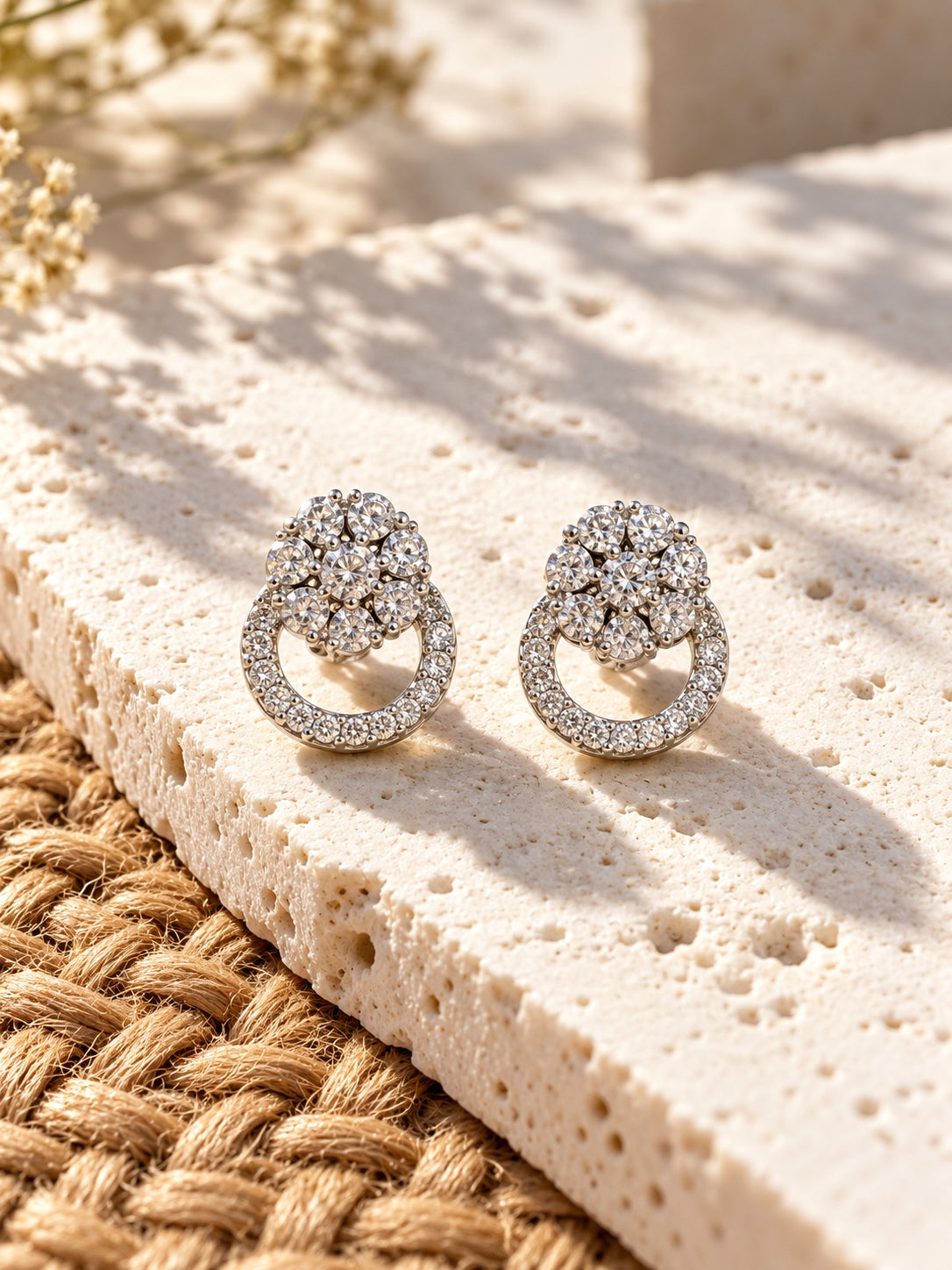 Niska AD Stone Silver Replica floral loop earrings on model