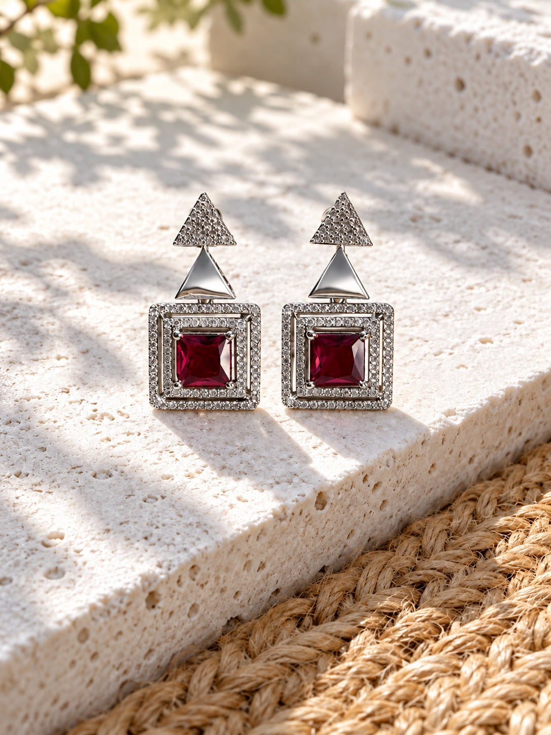 Niska ruby colour geometric AD Stone Silver replica drop earrings