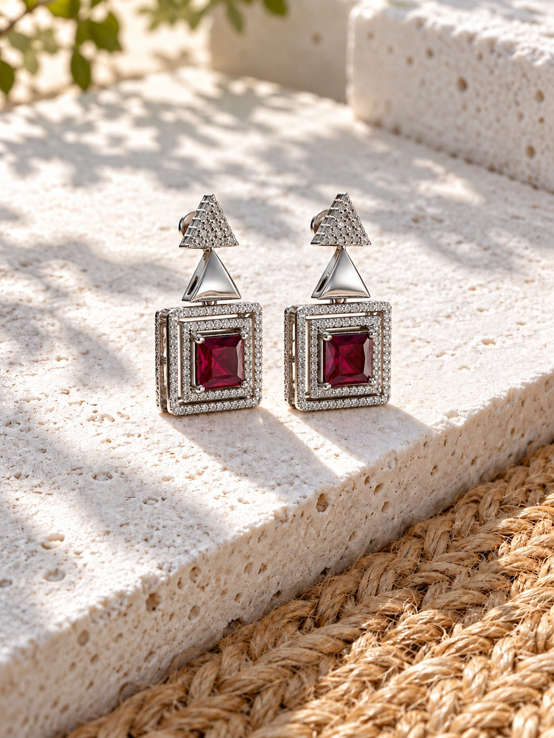 Niska ruby colour geometric AD Stone Silver replica drop earrings