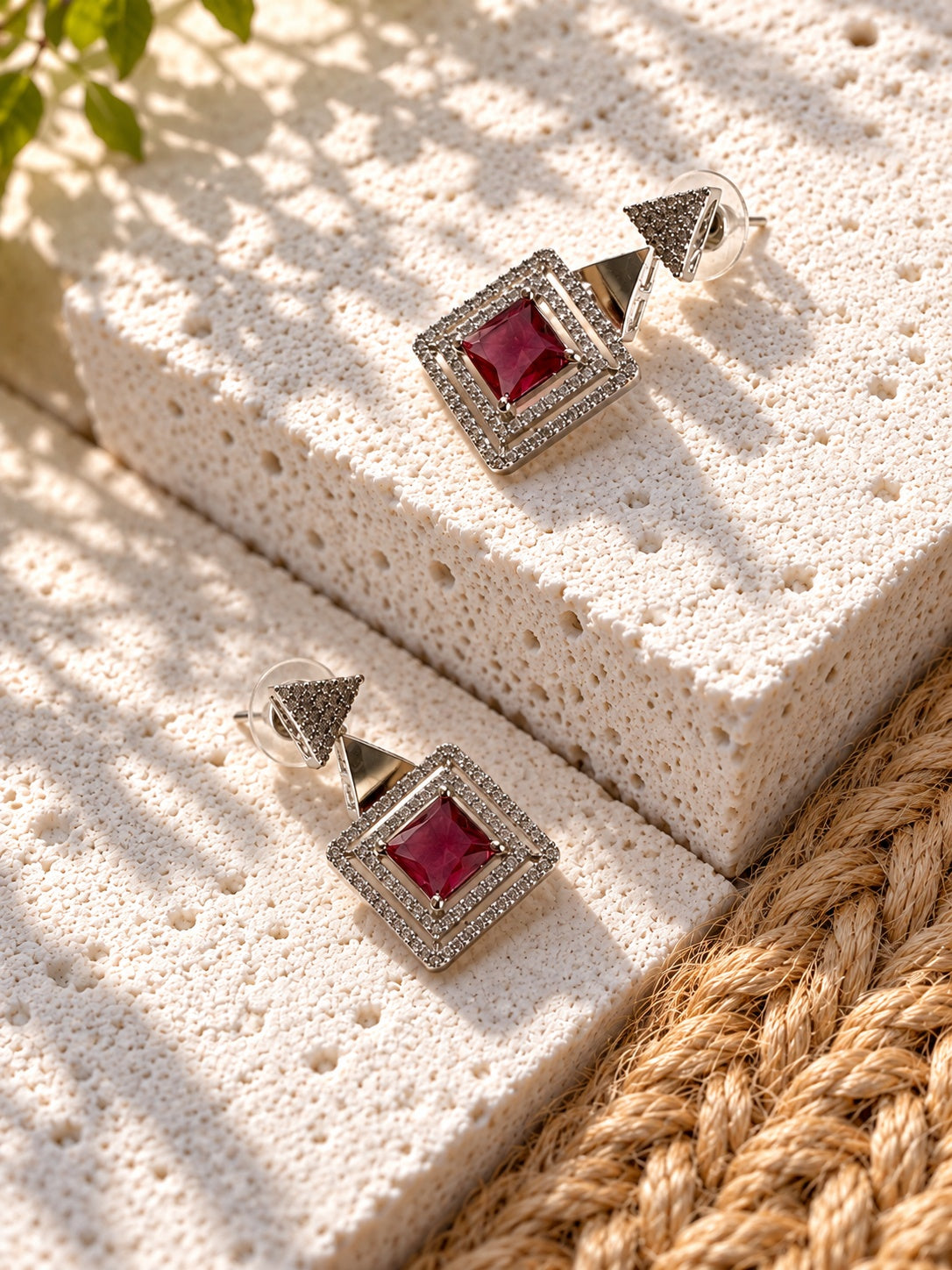 Niska ruby colour geometric AD Stone Silver replica drop earrings