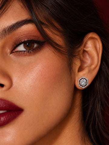 Niska hexagon AD Stone Silver replica stud earrings on model — featured image