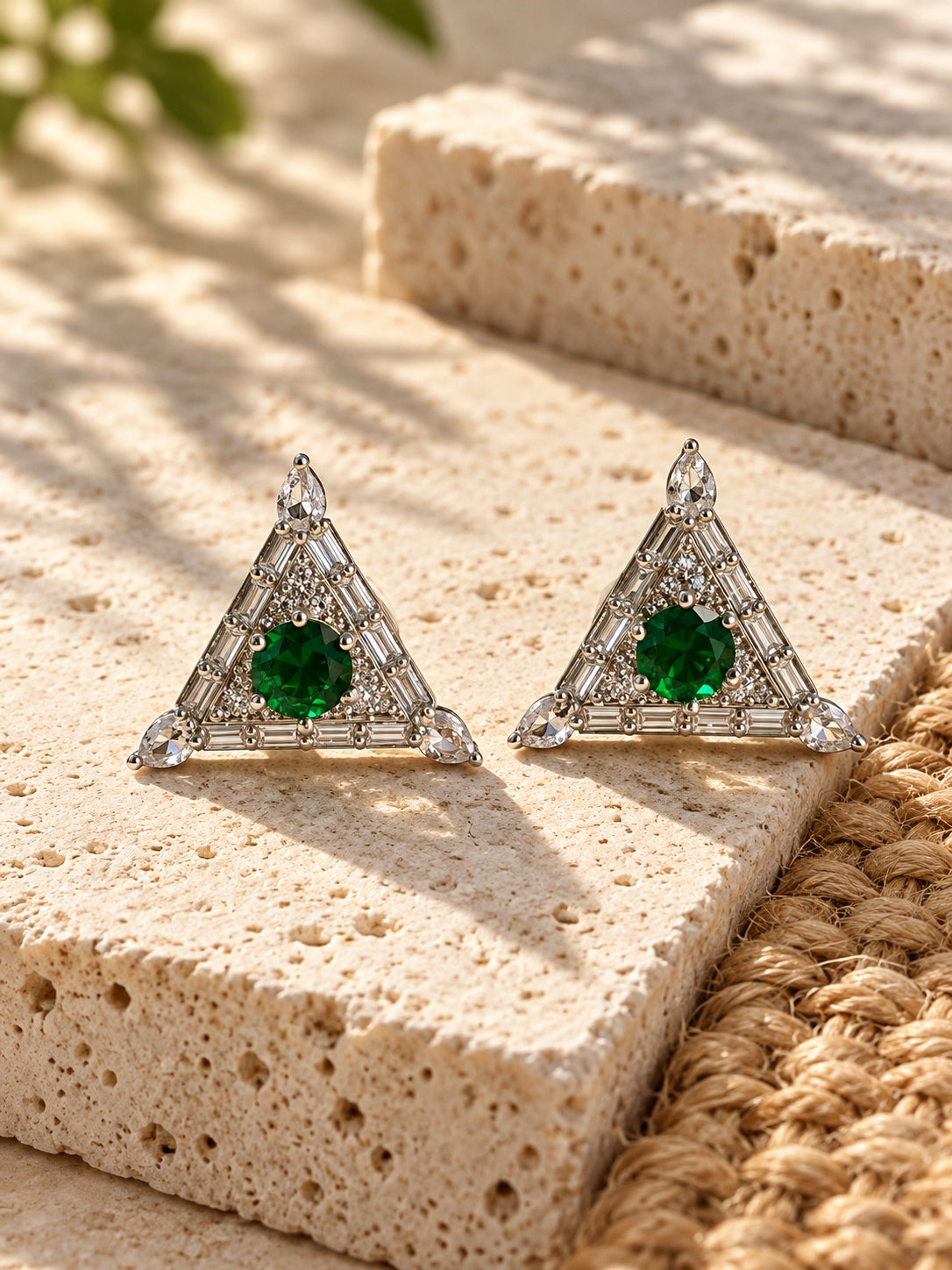 Niska green AD Stone Silver Replica triangular earrings product view 2