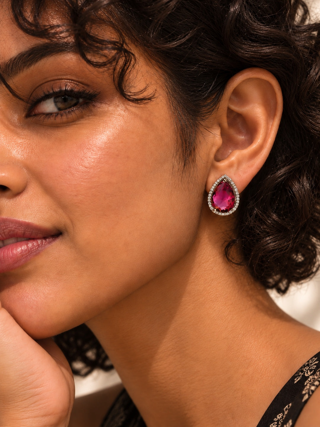 Niska pink pear AD Stone Silver replica earrings worn by model