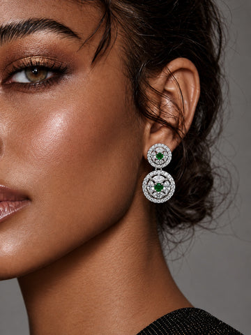 Niska green floral replica double circle drop earrings model close-up