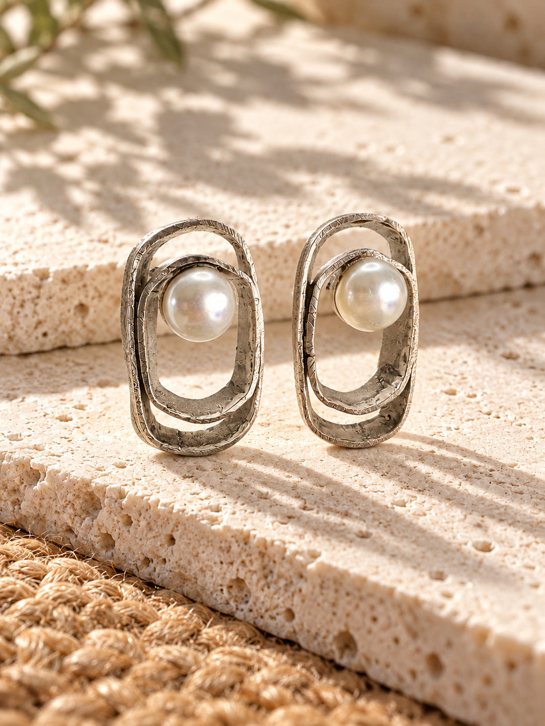 Niska silver replica pearl earrings, textured silver frames, product angle 2