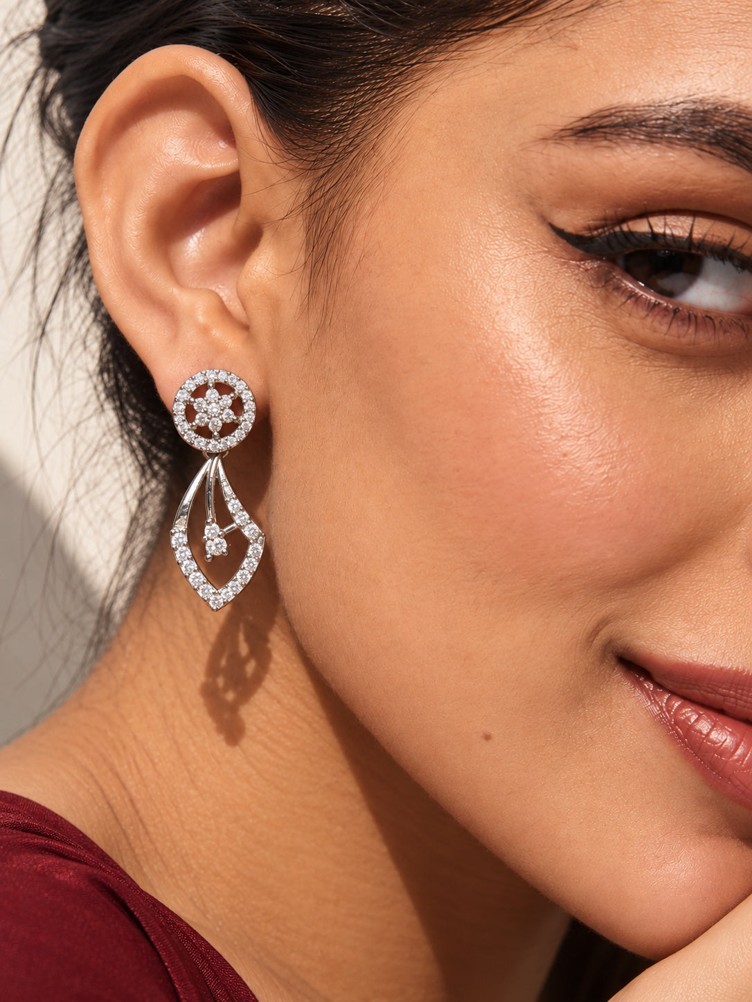 Niska AD Stone Silver Replica Floral Drop Earrings worn by model