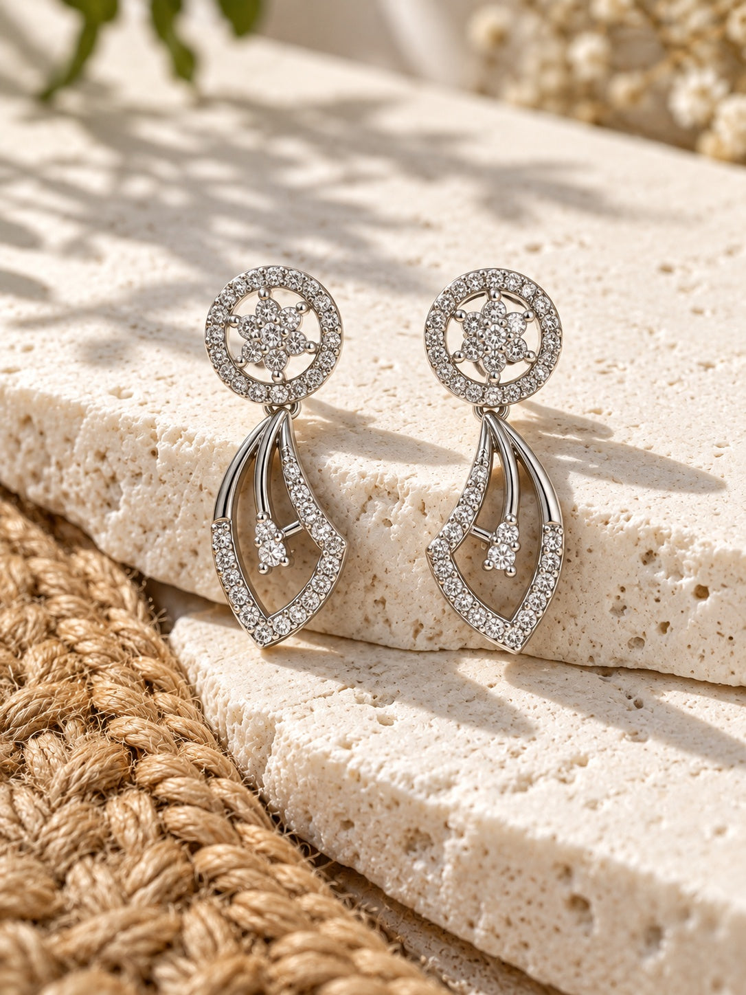 Niska AD Stone Silver Replica Floral Drop Earrings worn by model