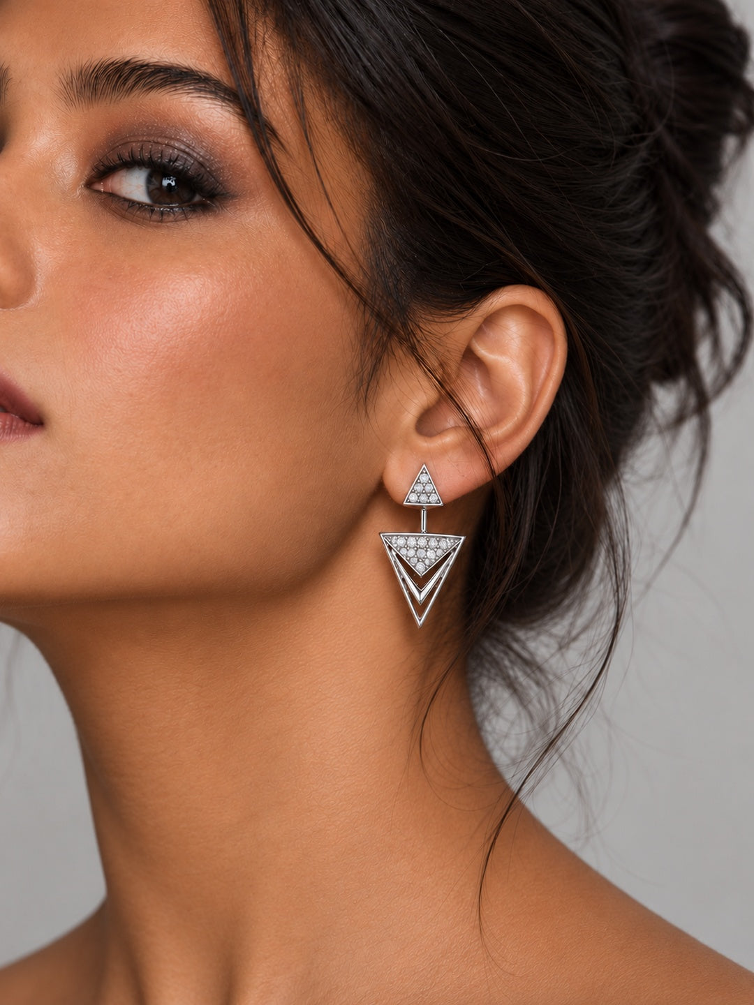 Niska AD Stone Silver Replica Geometric Triangle Earrings worn by model